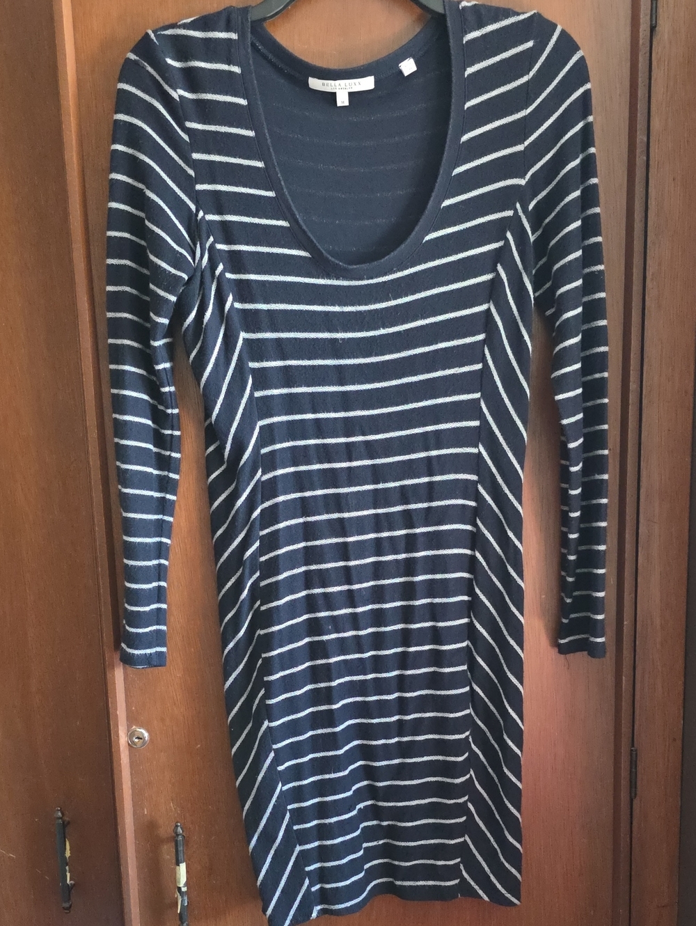 Bella Luxx Navy and White Striped Long Sleeve Scoop Neck Dress Sz M
